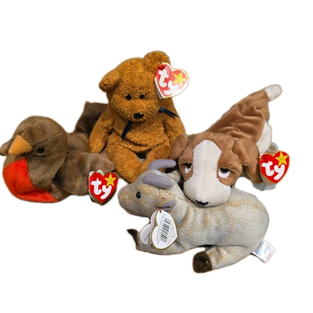 Lot of 4 Ty Beanie Babies W/Tags Goatee, Tracker,‎ Fuzz, Early
